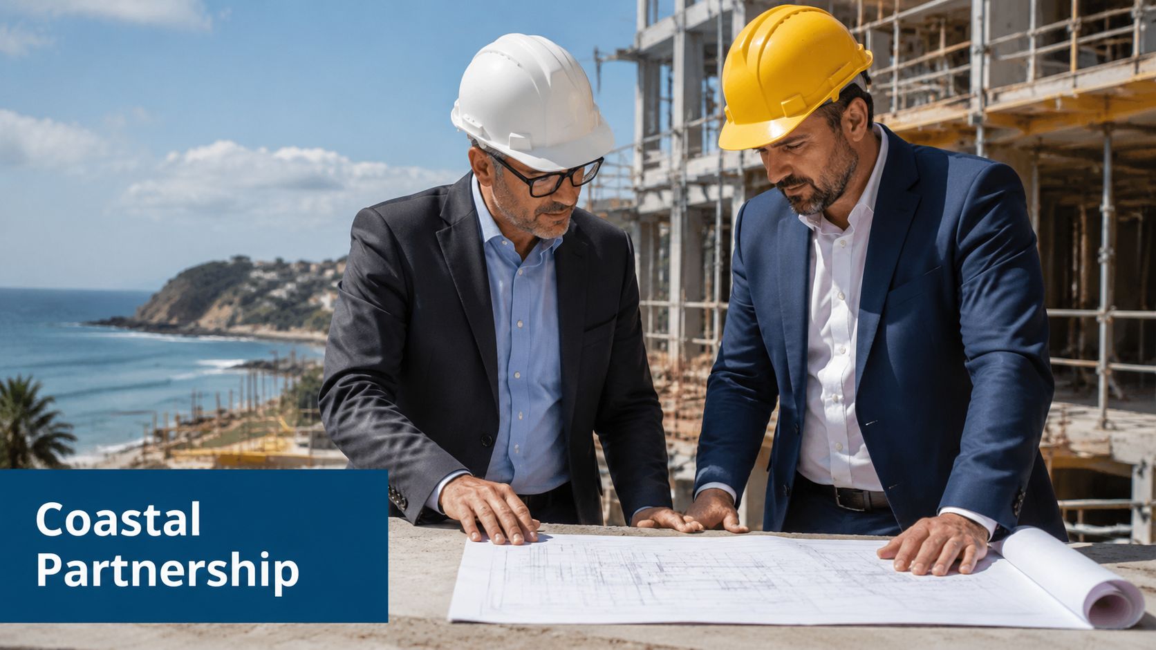 Two architects in business suits and hard hats reviewing architectural blueprints at a construction site near the coast.
