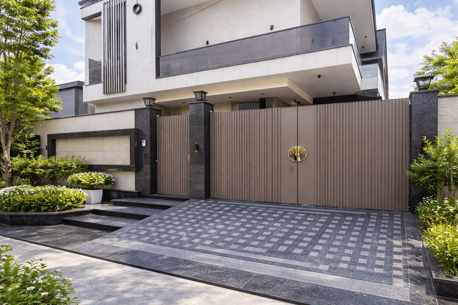 Stone paved driveway with geometric pattern in modern residential home exterior Ghaziabad