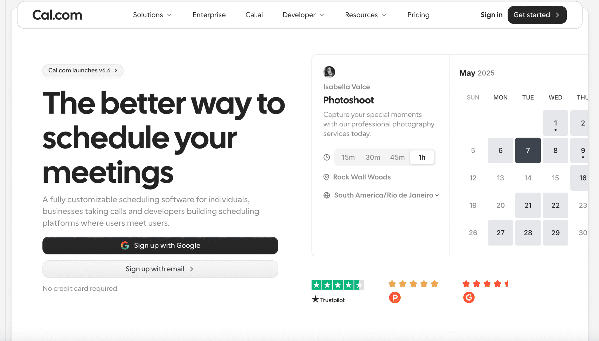 Cal.com homepage showing the meeting scheduling steps and calendar