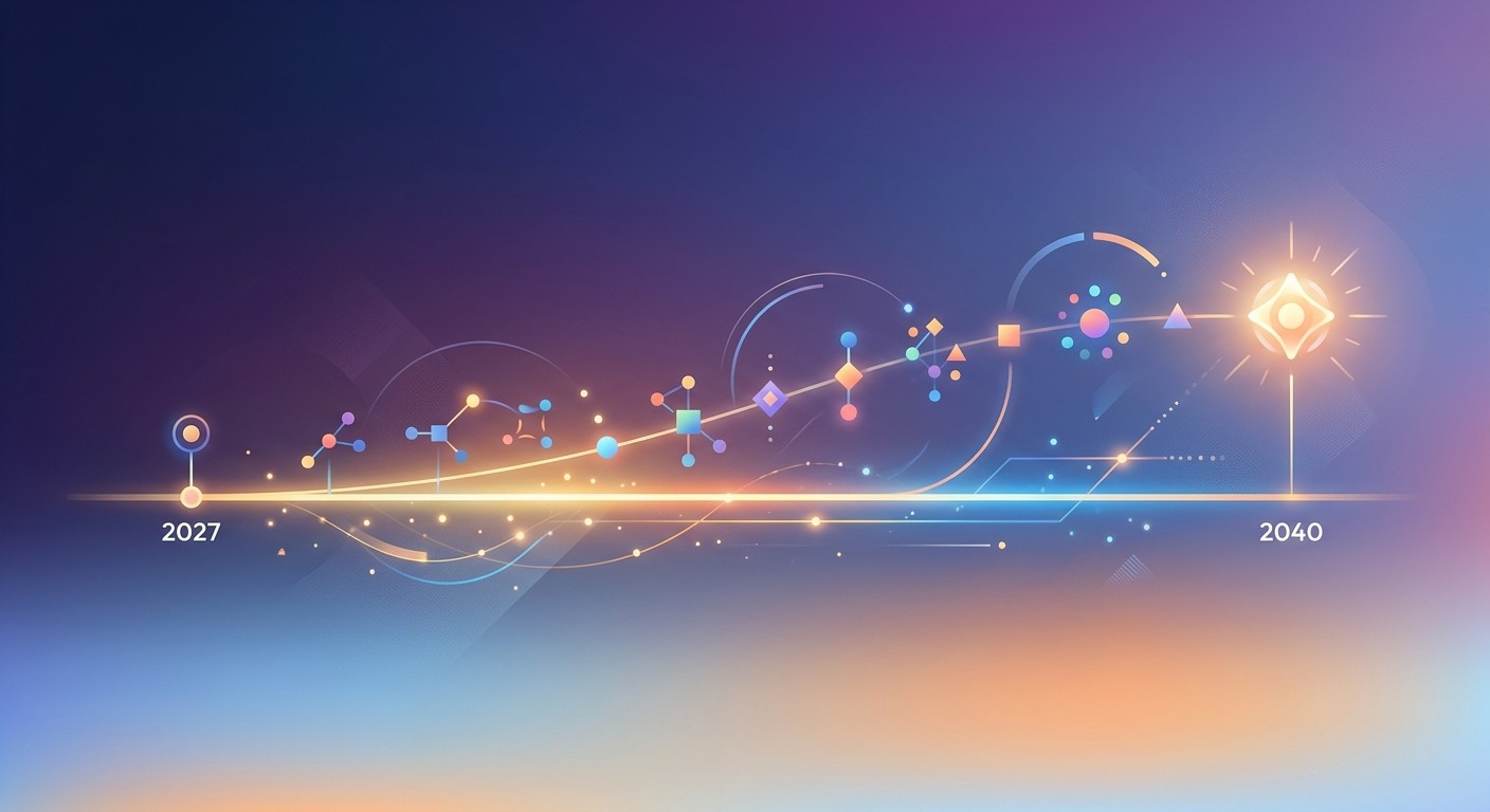 Timeline illustration showing AGI arrival predictions between 2027 and 2040