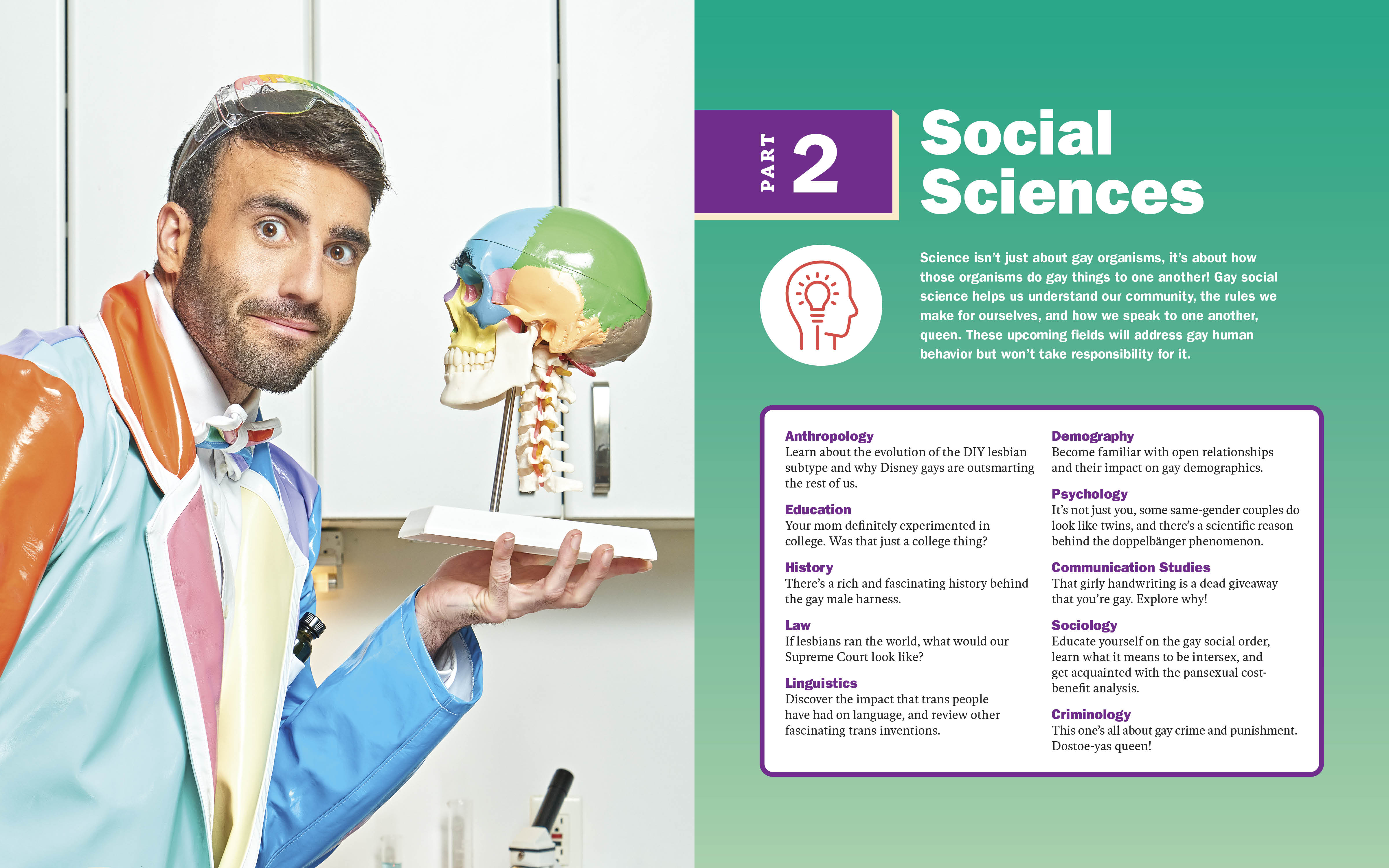 Gay Science social sciences spread with Rob Anderson and an anatomical skull