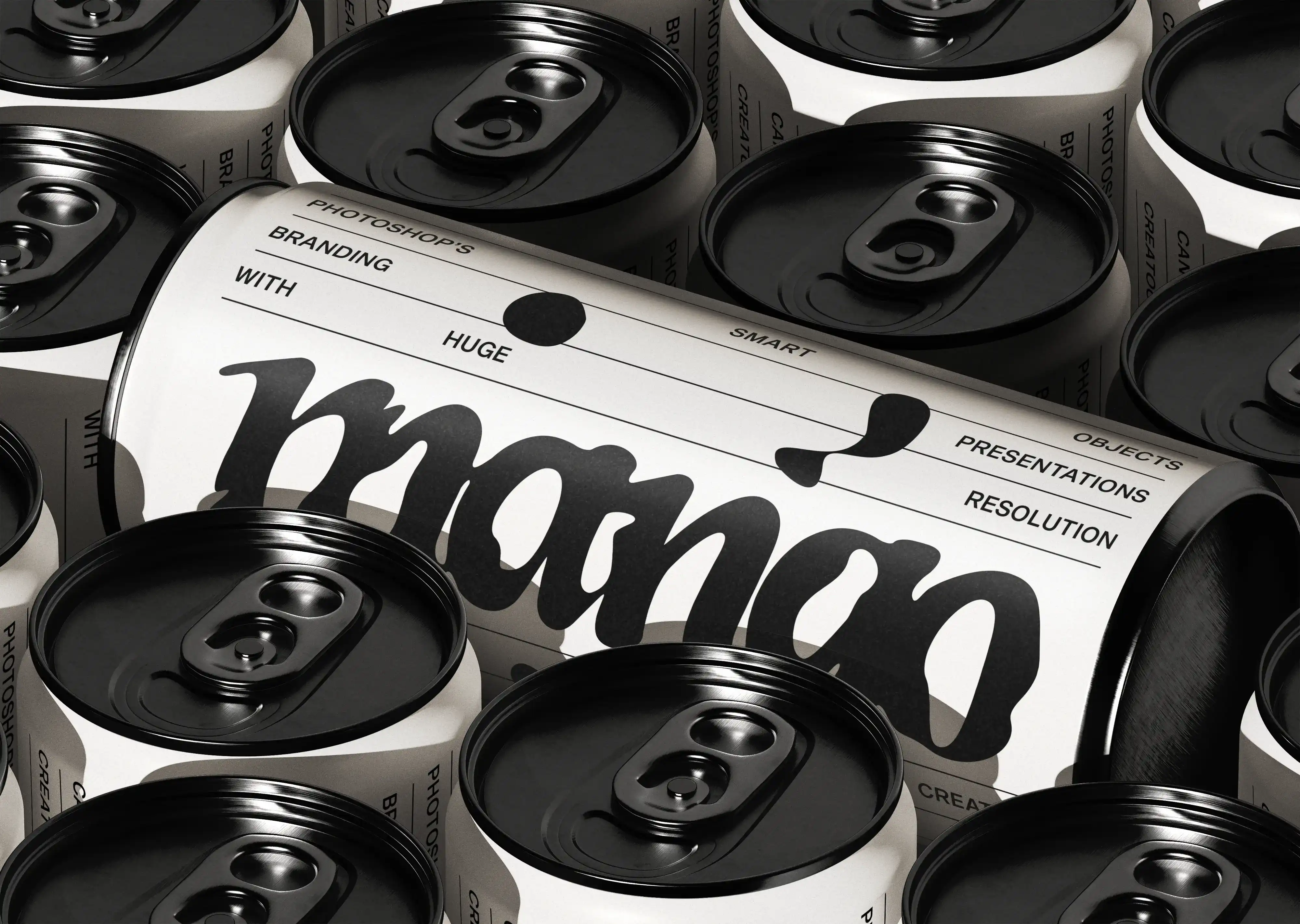 Stacked aluminum cans with black lids and bold black typography on white labels