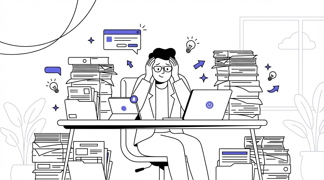 A professional recruiter, looking stressed and overwhelmed, sits at a modern desk completely buried under towering piles of physical resumes, application forms, and paperwork. A sleek, unused laptop is partially visible amidst the paper chaos, symbolizing the administrative burden.