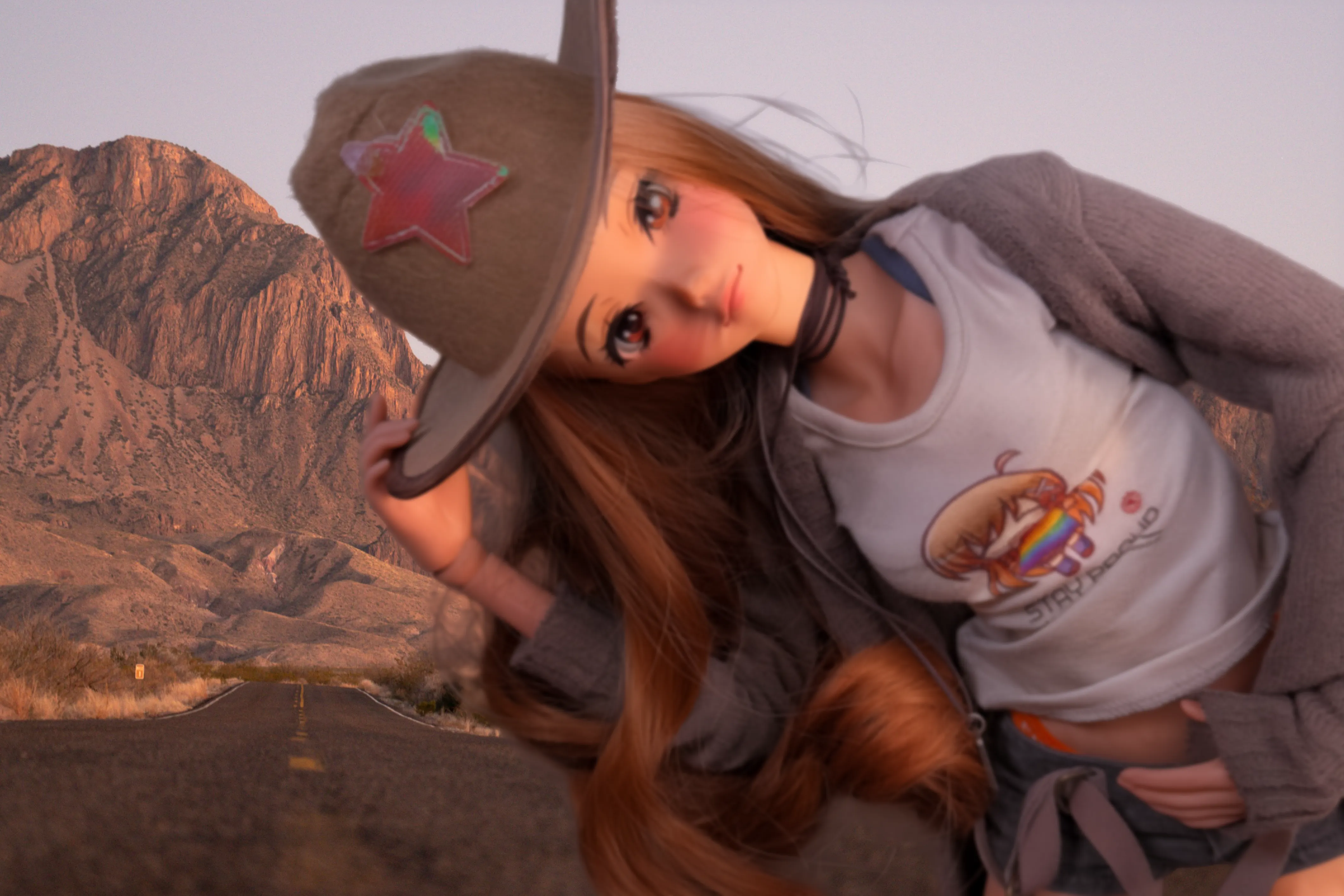 Cactus wearing a wig in front of an abstract background.