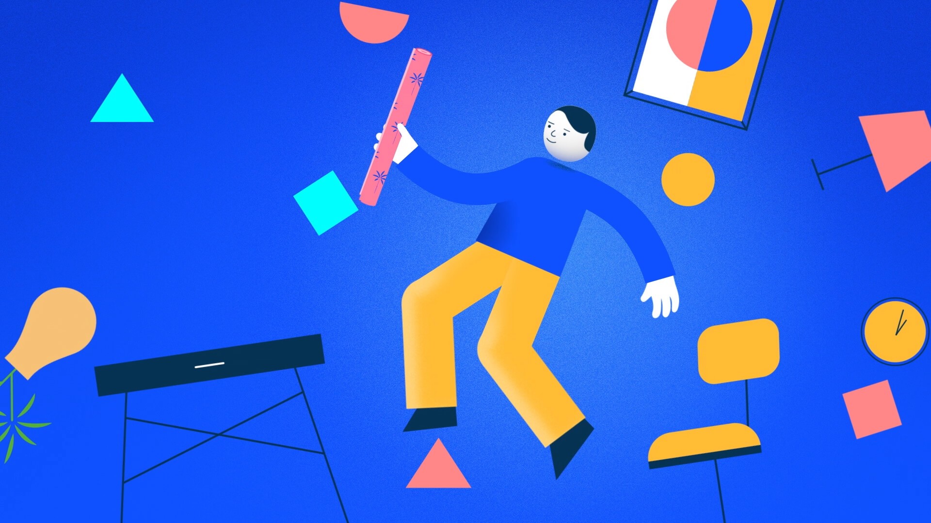 2d animated characted floating on a blue background filled with geometric shapes