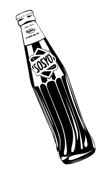 A black and white vintage-style glass bottle of the local Indian soda, Sosyo.