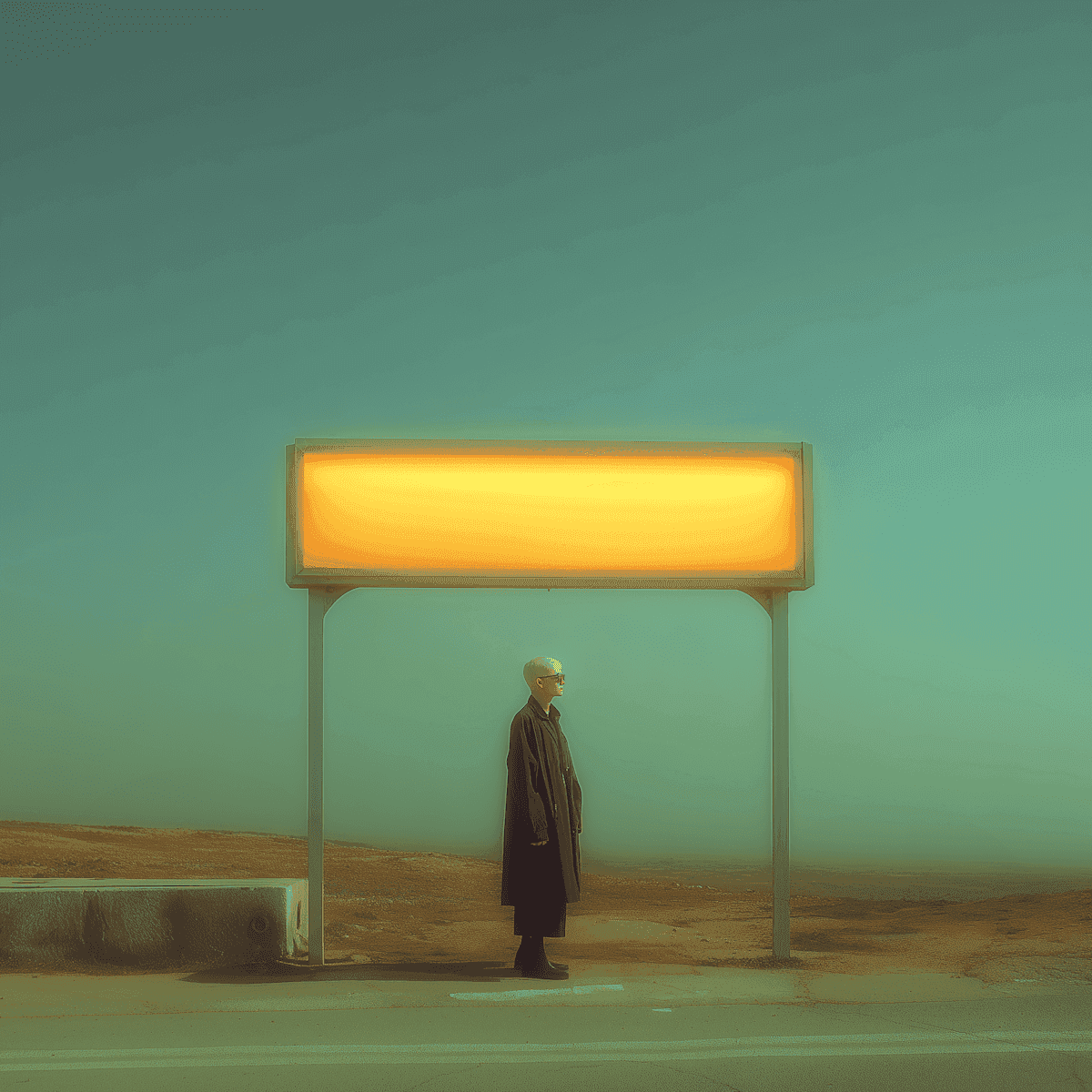 A person in a long coat stands under a glowing yellow sign in a foggy, desolate landscape, creating a surreal and mysterious atmosphere.