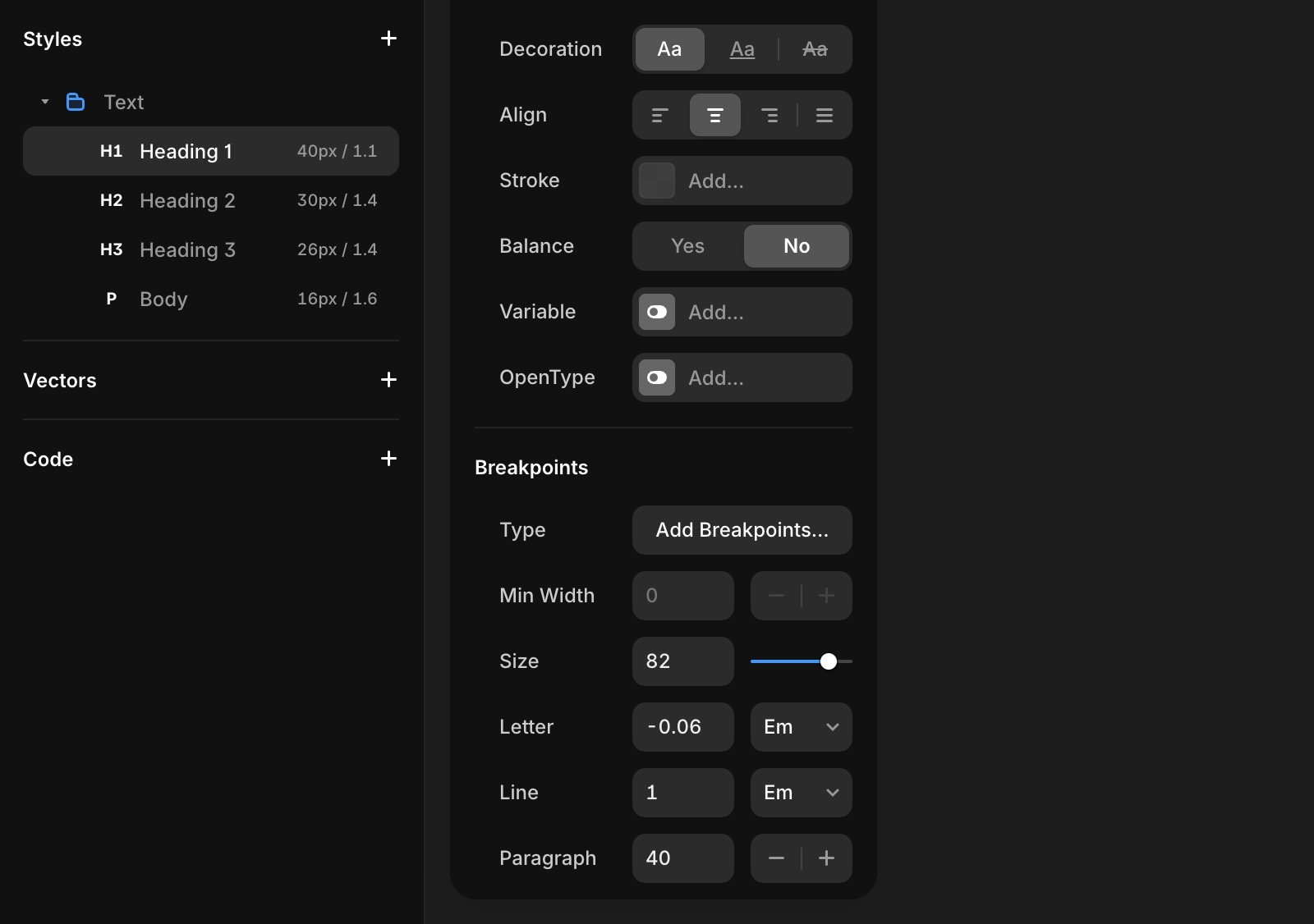 用于管理文本格式和断点的设计界面中的“样式”面板截图。左侧边栏列出了文本样式，包括标题（H1-H6）和正文文本大小（XS、S、M、L）。