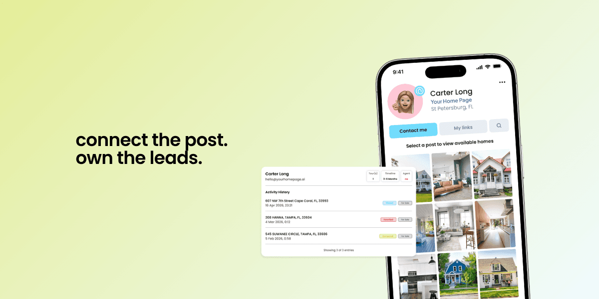 YHP listing page displayed on an iPhone showing active MLS listings and lead capture interface, with text reading "connect the post, own the leads"