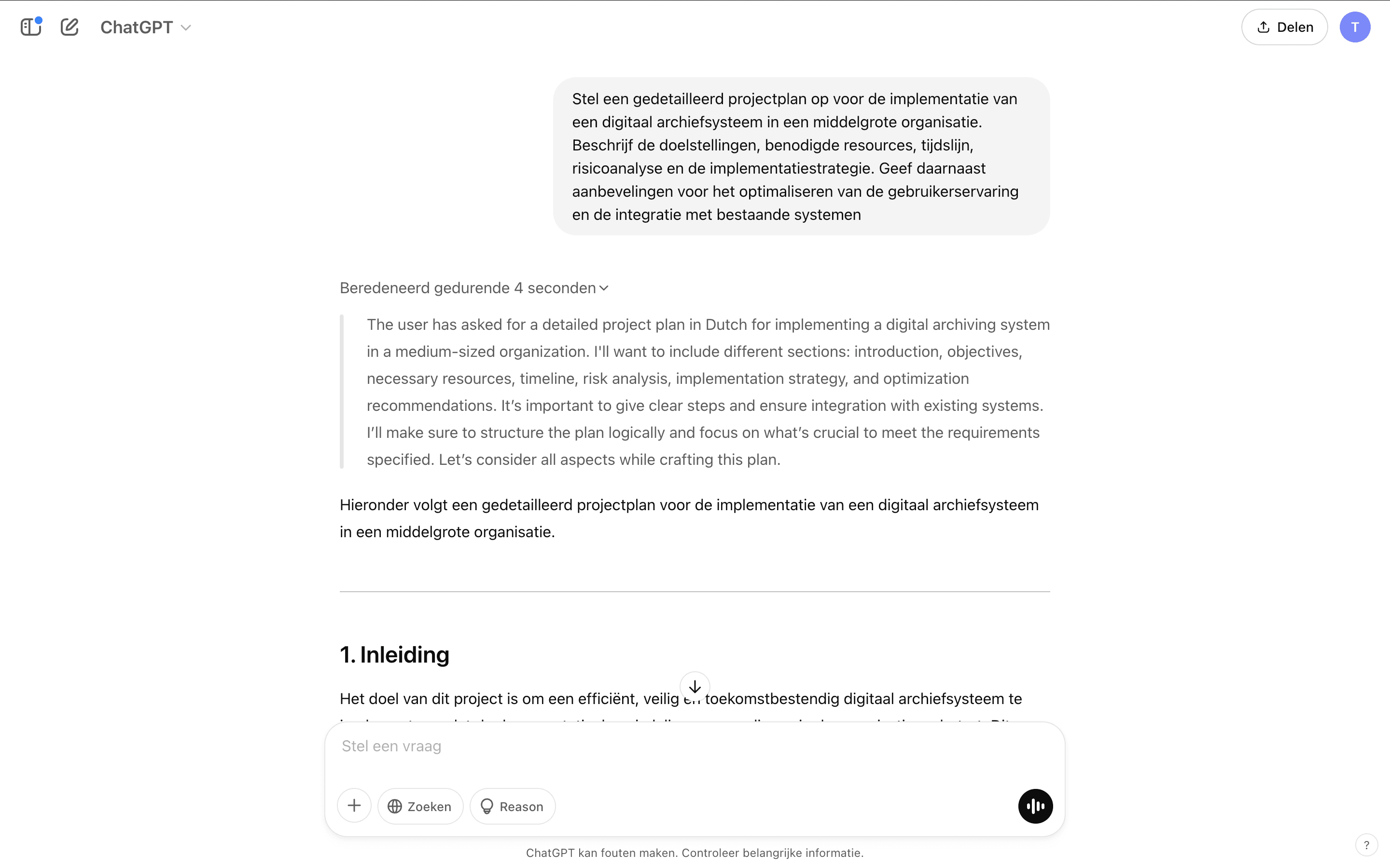 Een uitgebriede prompt in ChatGPT om redenering functie te tonen