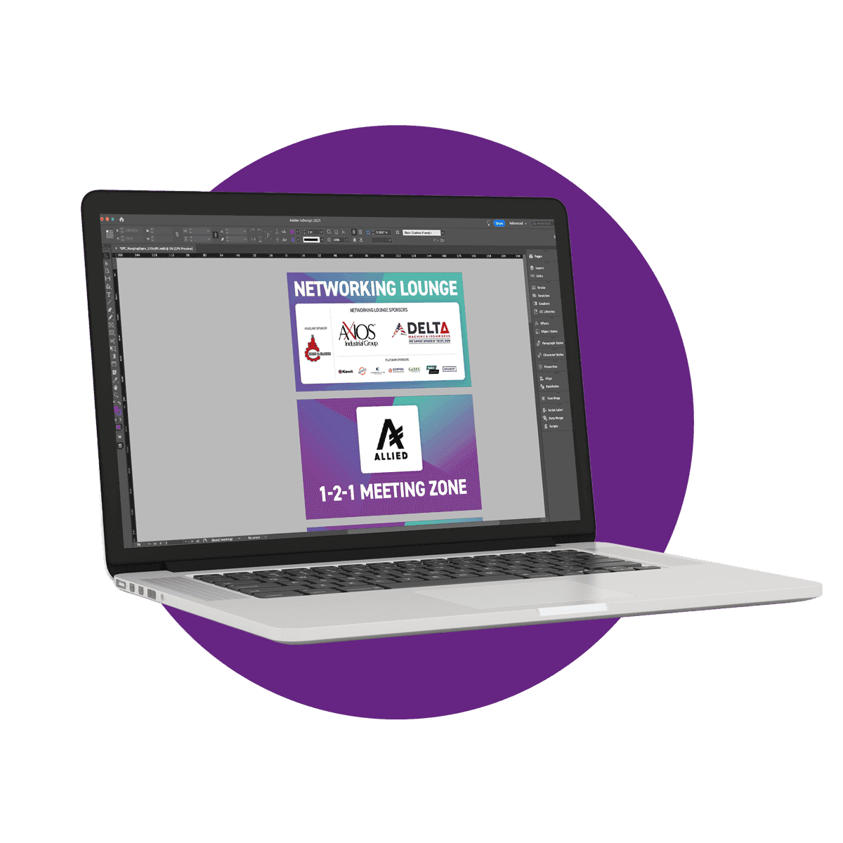 A MacBook open to show some sign designs on the screen