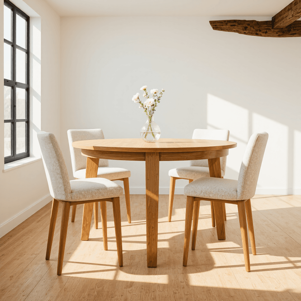 product photography of a dining table set with four chairs