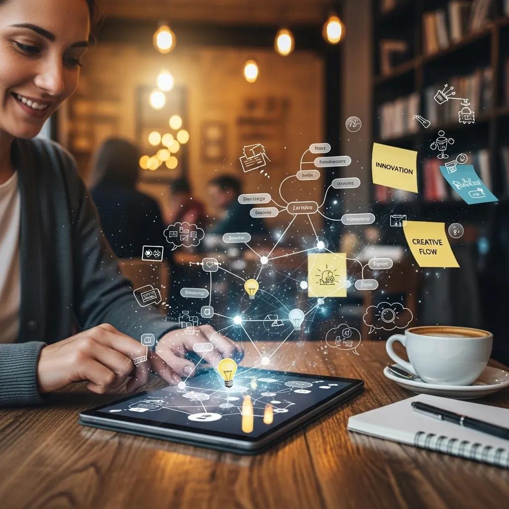 Individual using AI note-taking app in a café, showcasing efficient knowledge organization