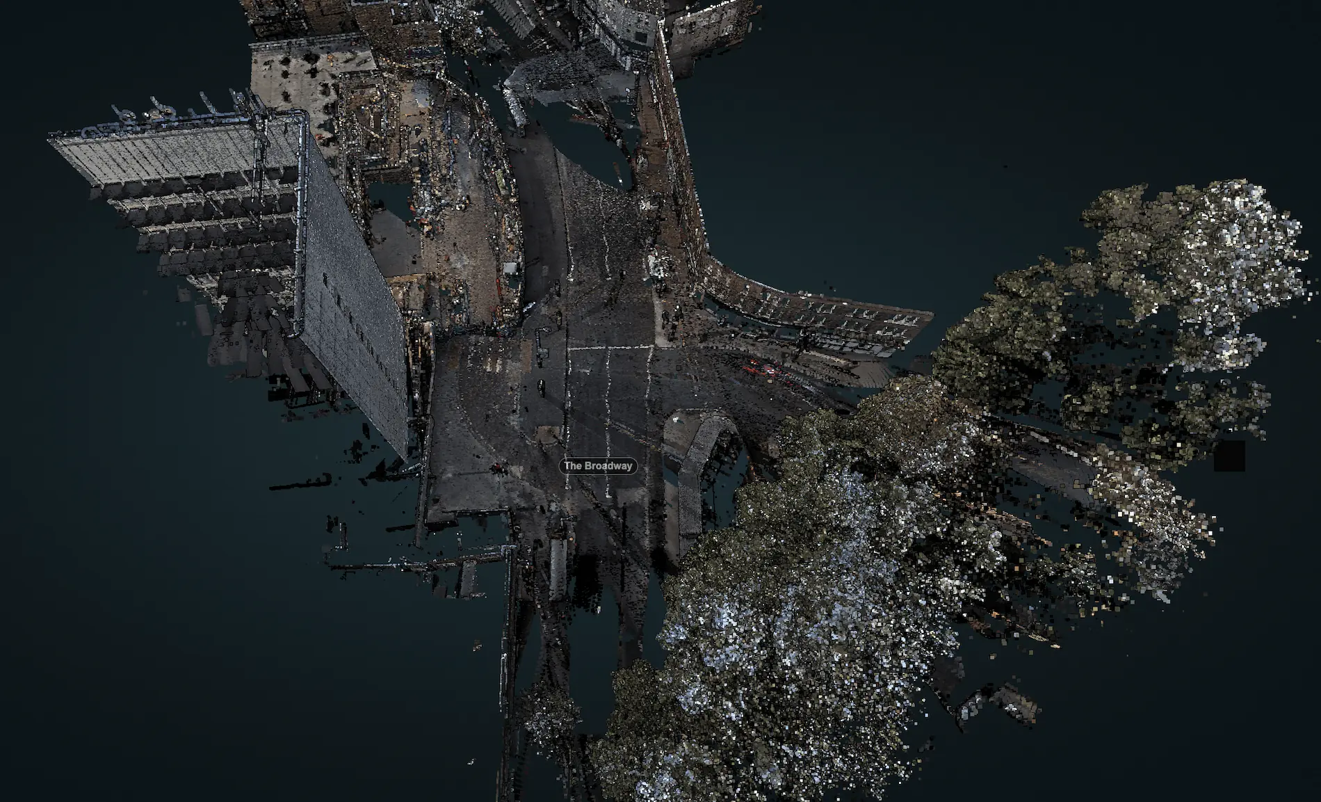 Aerial view of an urban street intersection captured via a high-density 3d point cloud survey