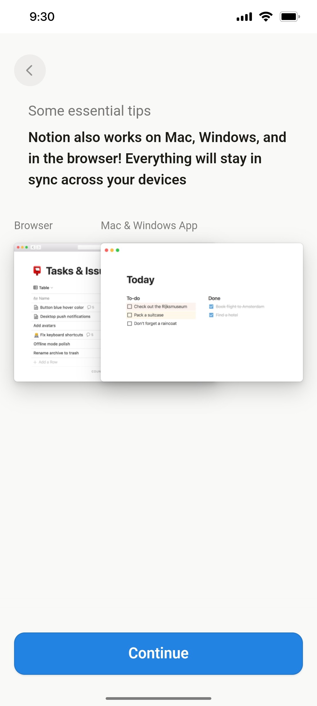 Notion App Continue Screen
