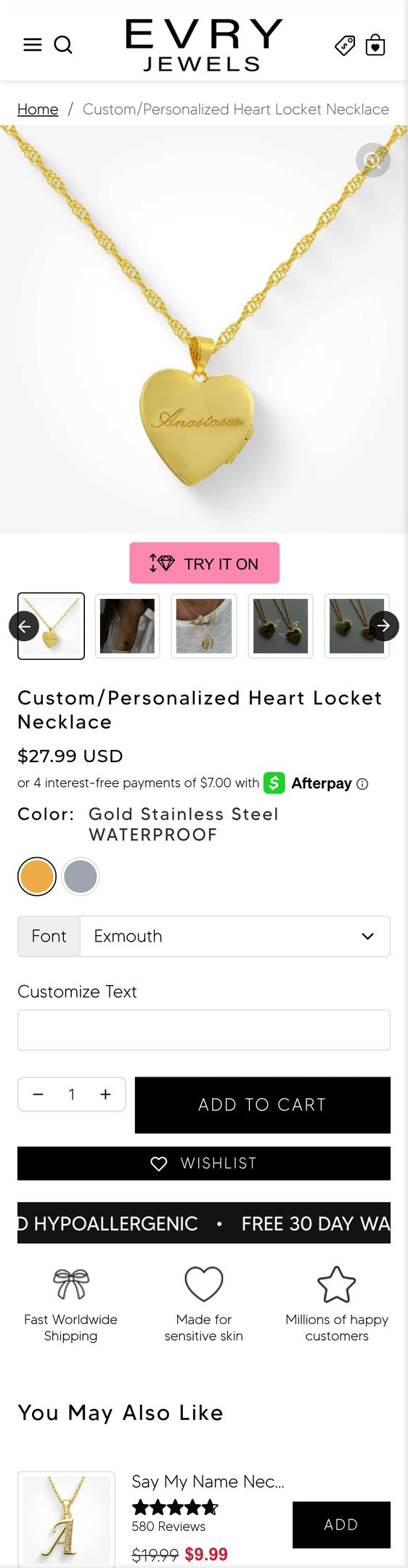 Jewelry product options include: necklace for Custom/Personalized Heart Locket Necklace from EVRYJEWELS.