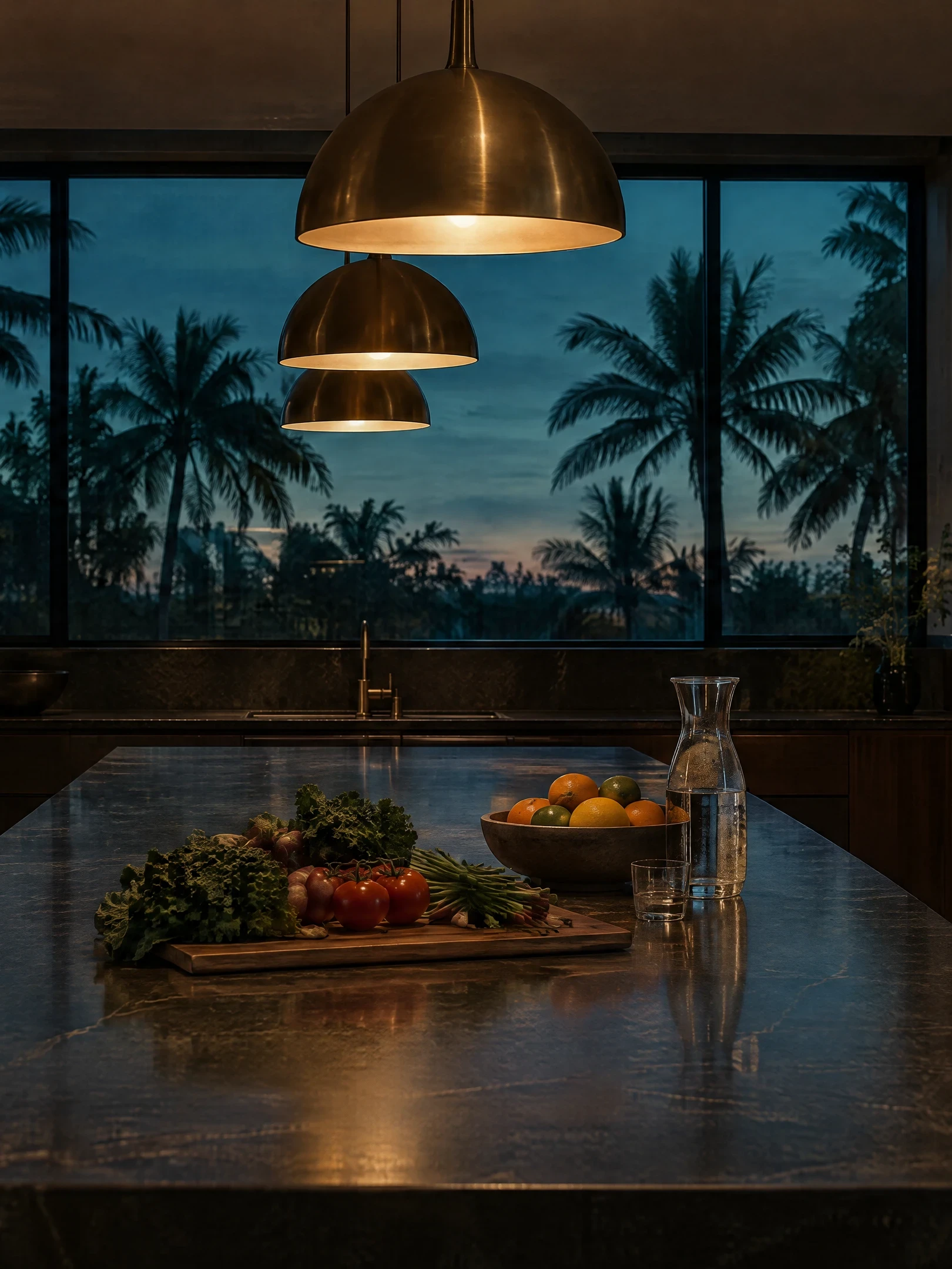 Kitchen island set with fresh food beneath pendant lights