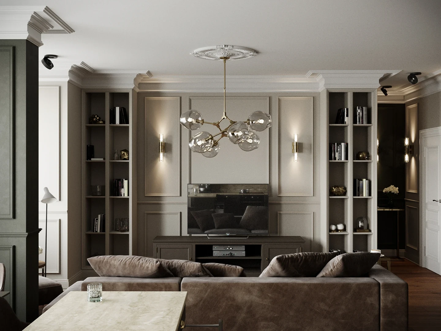 Salle de bains — robinetterie noire mate et paroi vitrée.