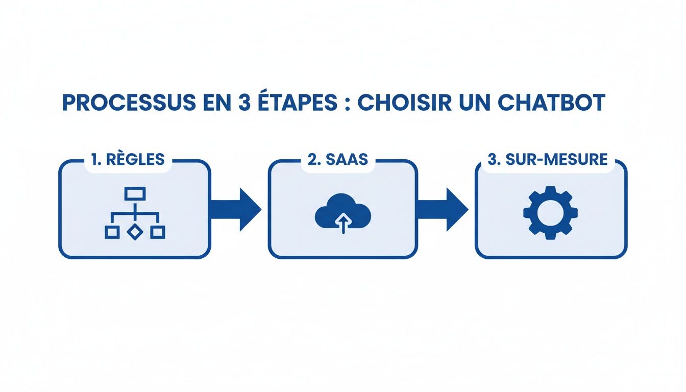 Infographie présentant les 3 étapes pour choisir un chatbot : basé sur des règles, SaaS et sur-mesure.