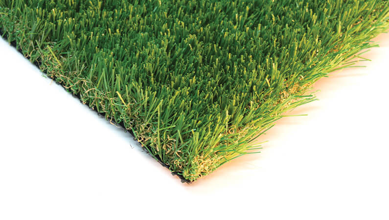 The green and lime green and contrasting thatching colors, brown and jute, contribute to this AGL Grass swatch's realistic artificial turf look and feel.