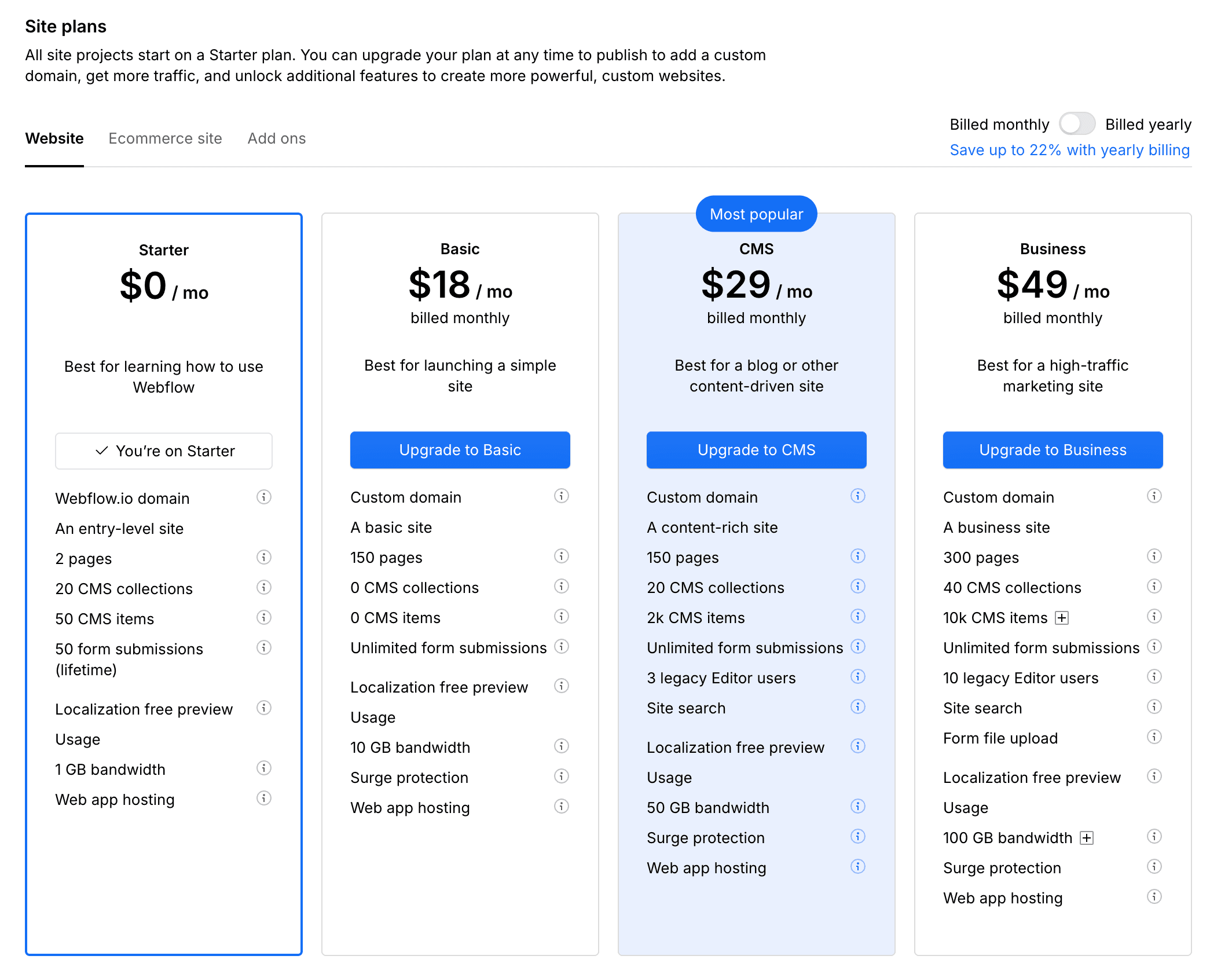 Webflow pricing