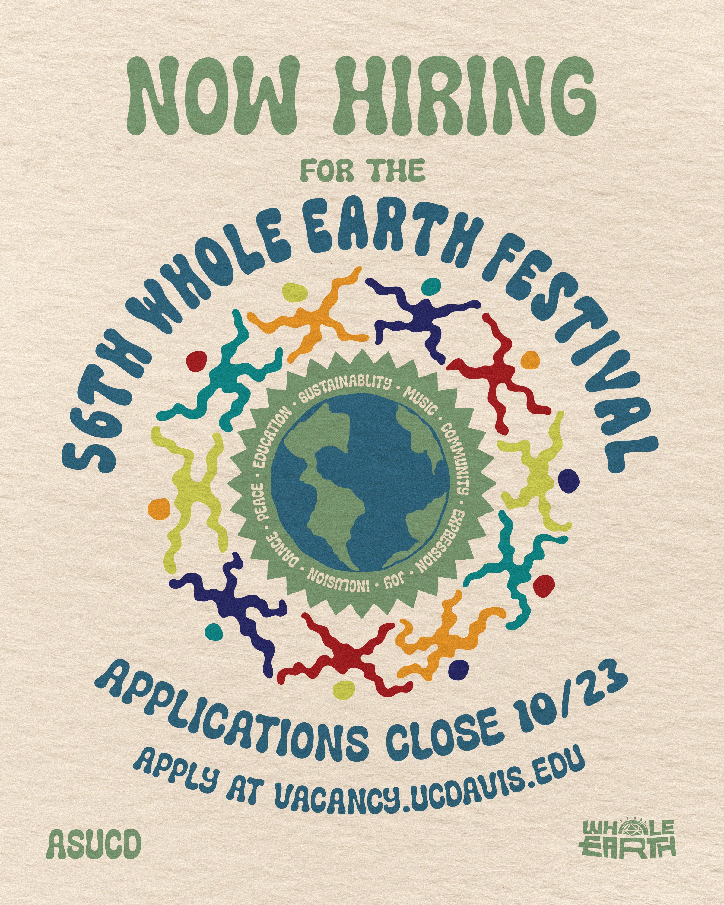 Poster for Whole Earth Festival staff hiring. Visual imagery of earth with abstact people dancing.