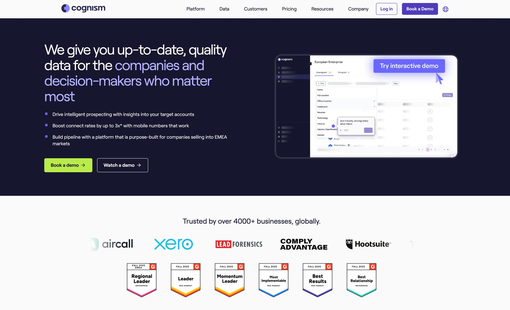 Cognism B2B sales intelligence platform homepage showing features, G2 awards, and partner logos.