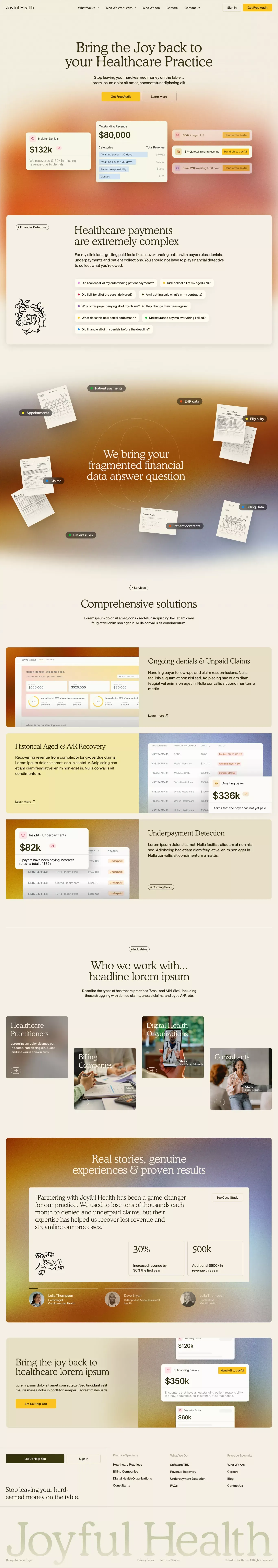 Joyful Health landing page screenshot showcasing Finance and Medical design