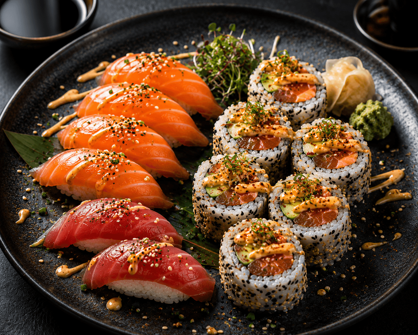 Delicious wrapped sushi on a white plate in a white background