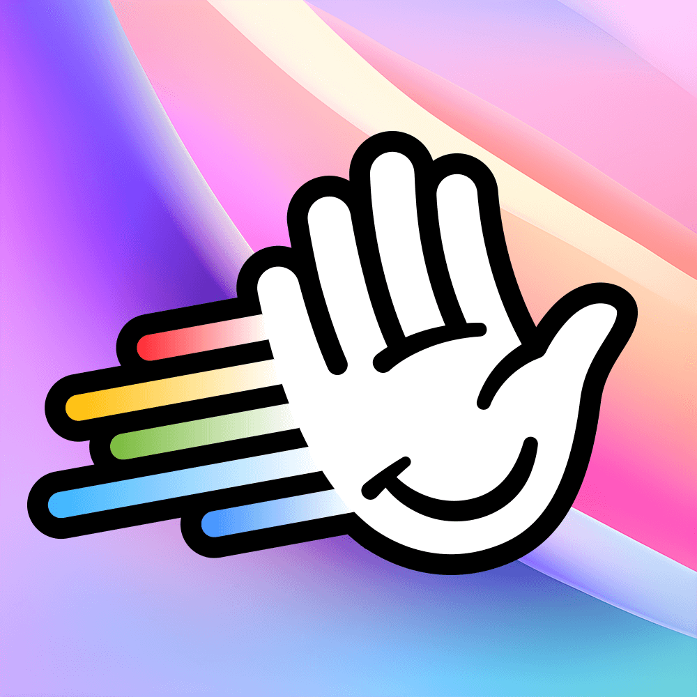 A stylized white hand with colorful lines trailing behind, set against a gradient background of soft pastel colors.