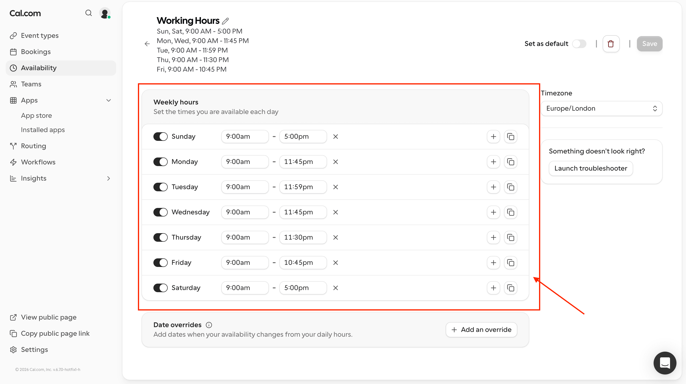 Cal.com availability settings page showing scheduling hours and available meeting times