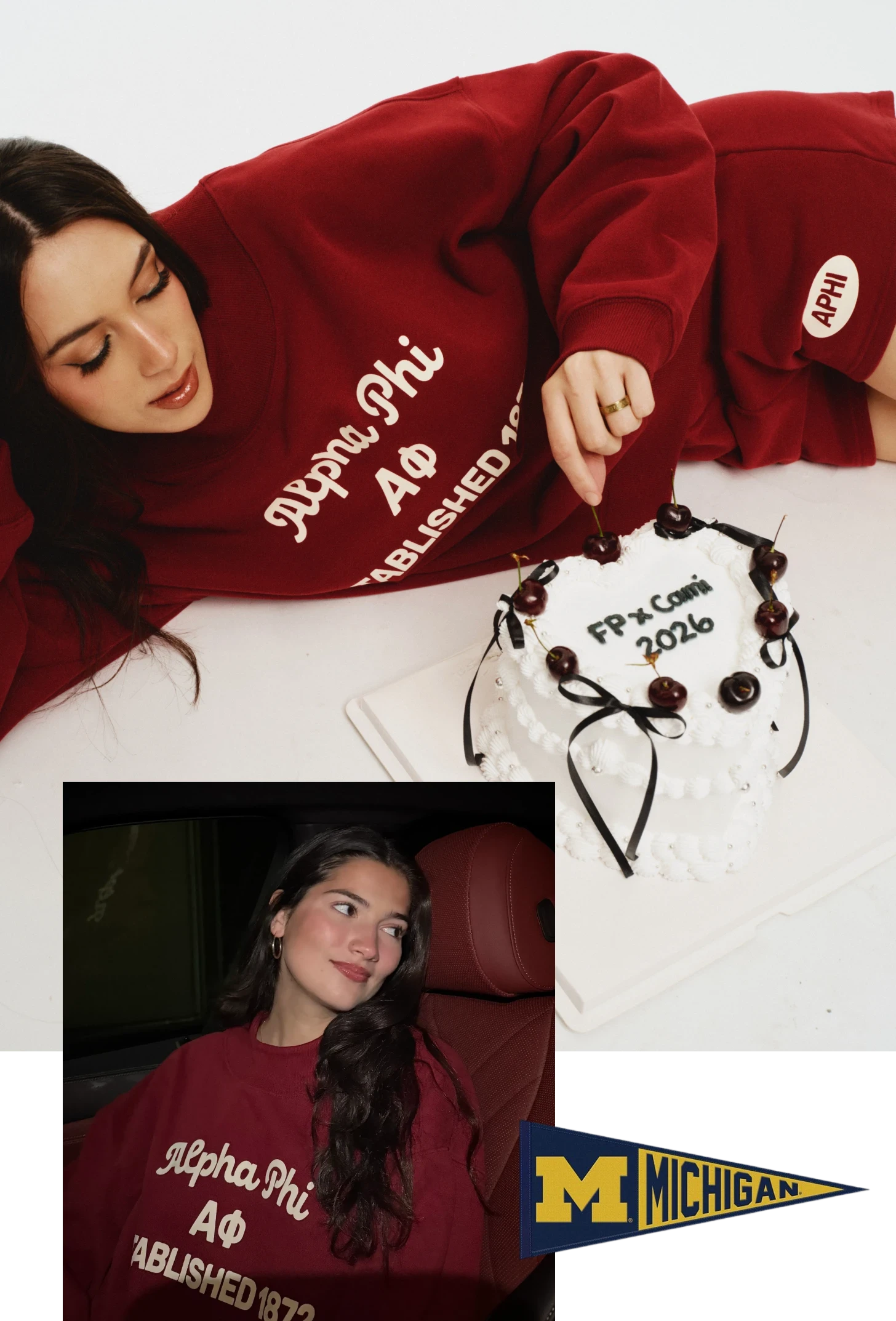 Photo collage of girls in a red Alpha Phi sweatshirt and matching skirt lying beside a white cake topped with cherries that reads “FP x Cami 2026.”