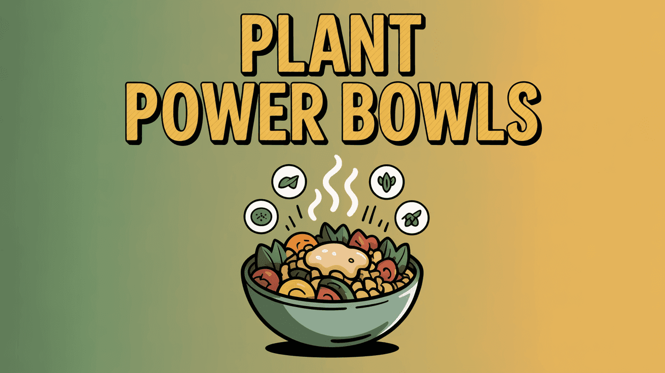 Plant-Based Comfort Bowl Thumbnail Template featuring steaming plant-based bowl with roasted veggies, grains, and creamy sauce, macro icons hovering