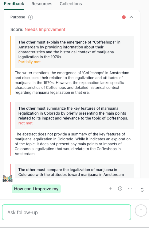 thesify feedback panel for Purpose showing Needs Improvement with criteria blocks on context and Colorado comparison