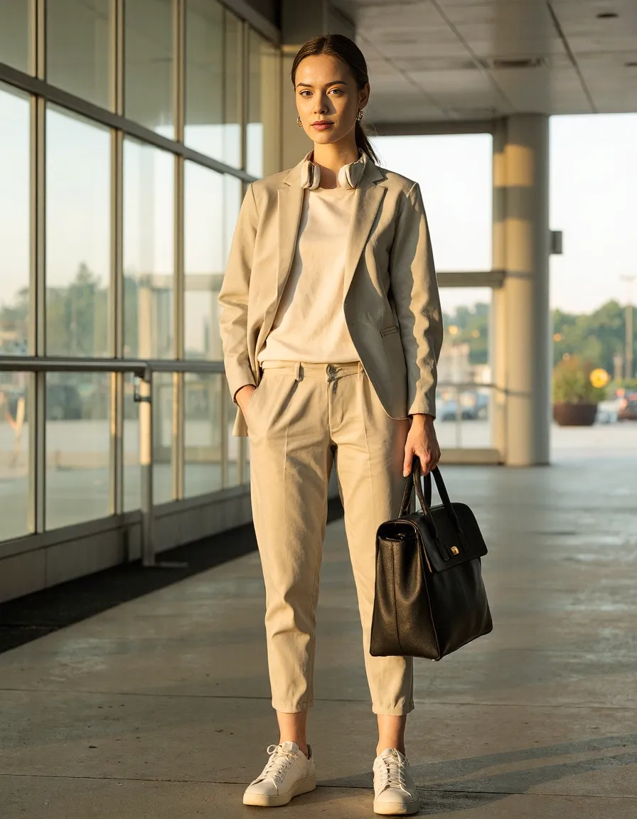 Professional in monochromatic beige suit stands in modern building hallway with large windows, holding black leather bag, bathed in warm light