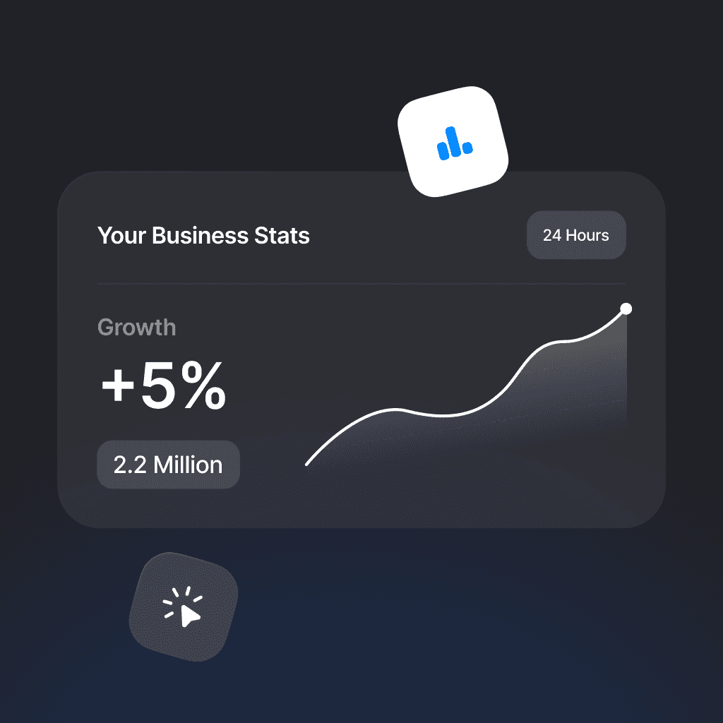 Dashboard displaying business growth stats with a 5% increase and a line graph illustrating upward growth trend, set against a dark background with data visualization icons.