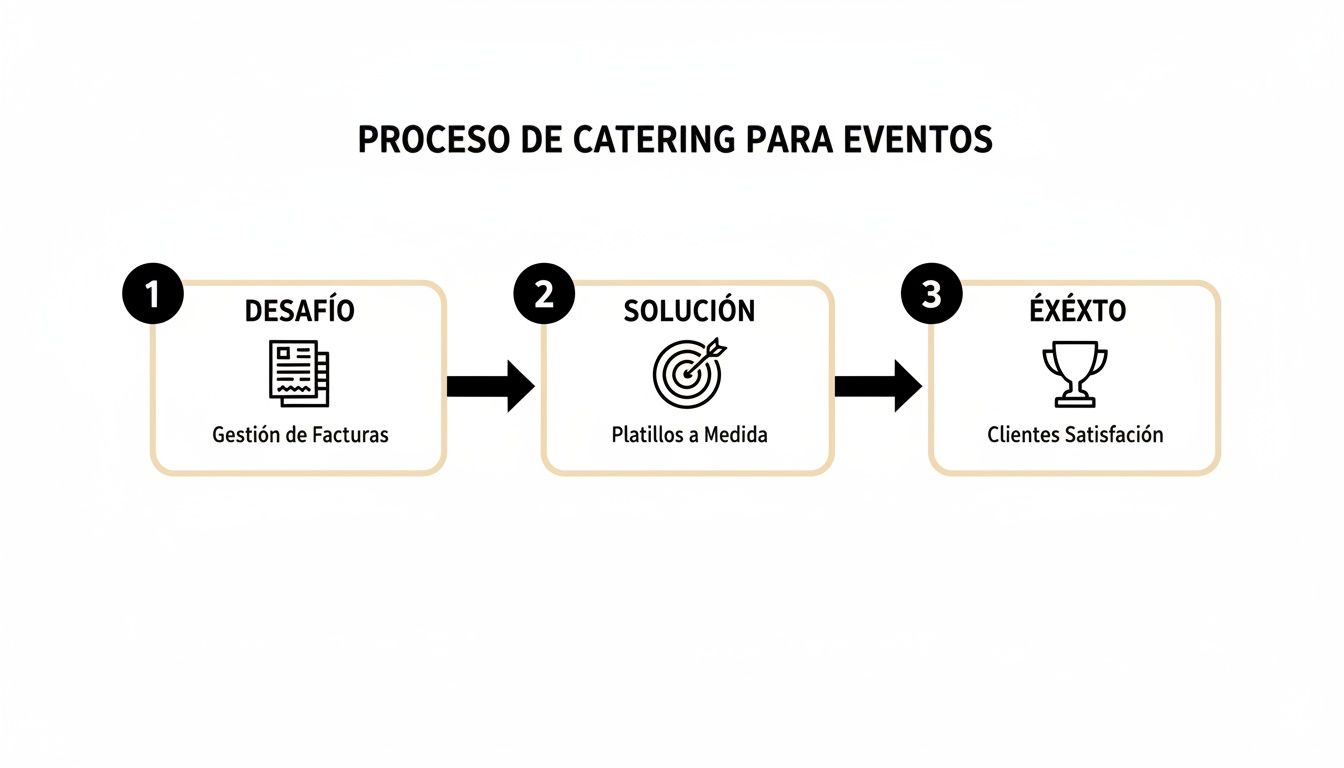 Diagrama que ilustra el proceso de catering para eventos: desde el desafío hasta el éxito del cliente.