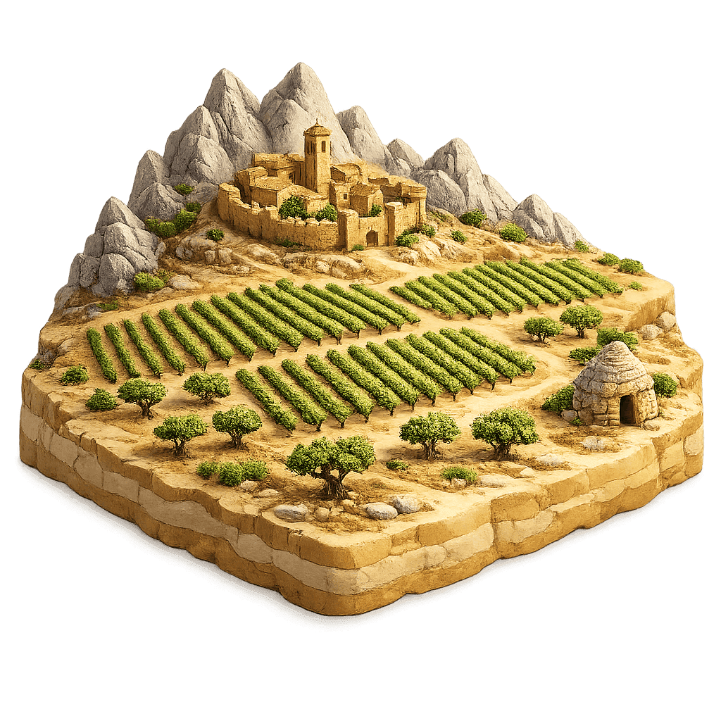 Artistic illustration of the Rioja wine region.