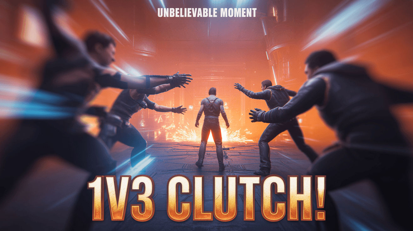 Solo player surrounded by three enemies in arena with 1v3 Clutch headline