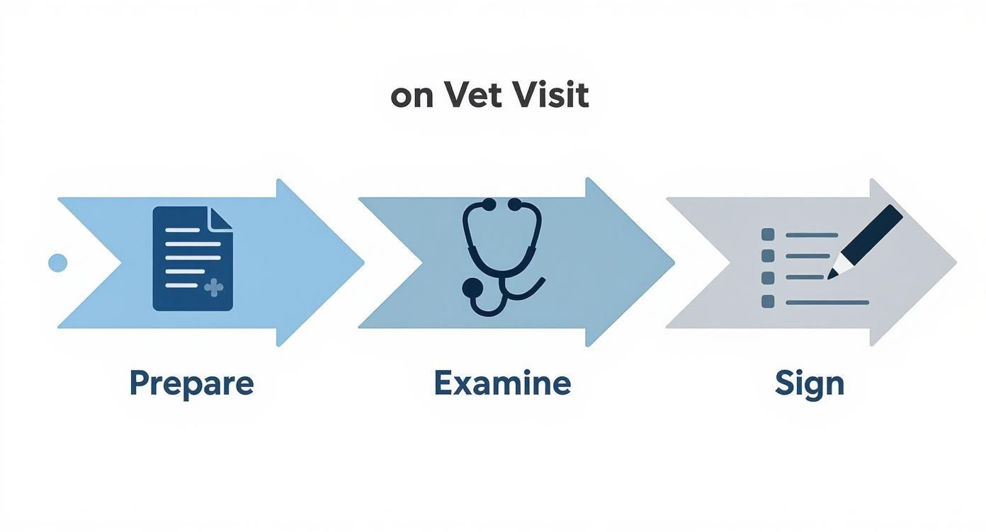 Infographic showing the three-step process of a veterinary visit: Prepare, Examine, and Sign.