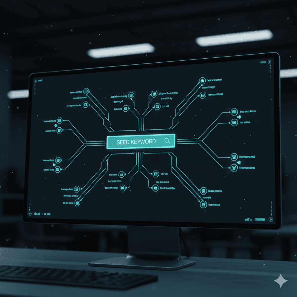 Illustration of an SEO keyword generator interface. A free AI marketing resource by Mahendra, digital marketing specialist.