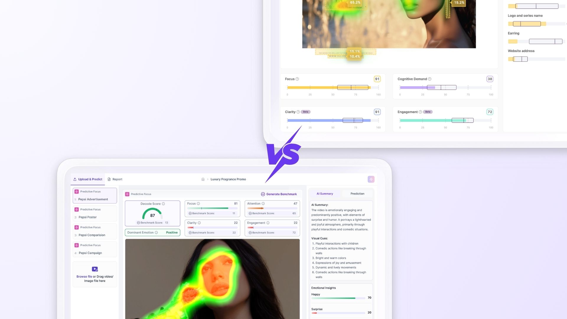 Decode vs Neuron AI dashboard for AI creative Testing with feedback and scores