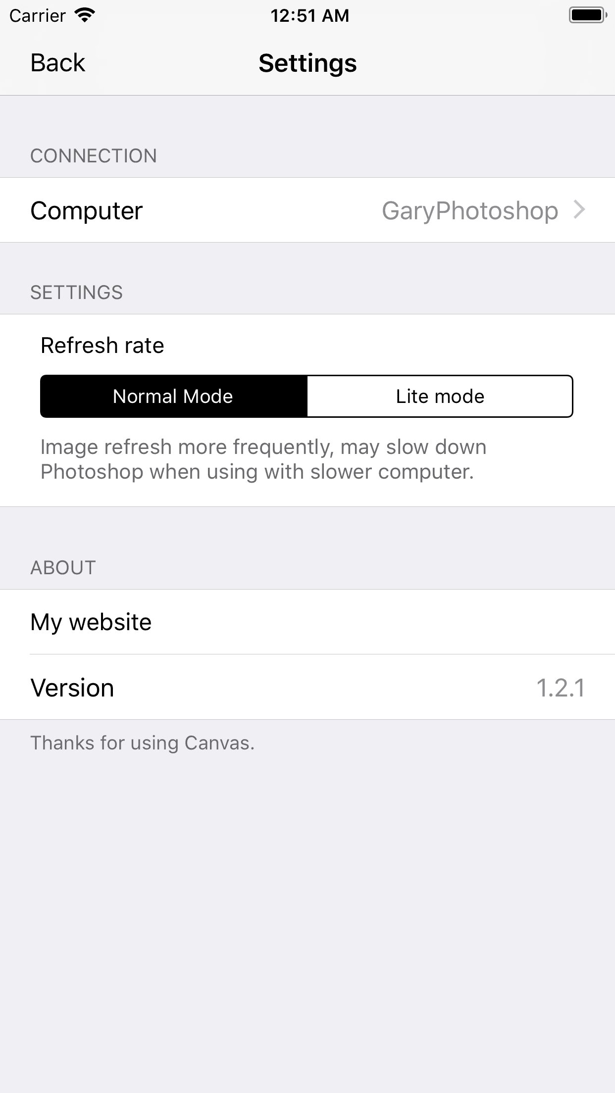 1. Go to Canvas’ top-left "Settings" -> "Connection"2. Your Photoshop should show up with the name you entered, tap on it and enter your password.3. Now go back to main screen, Canvas should show whatever you have opened with your Photoshop.