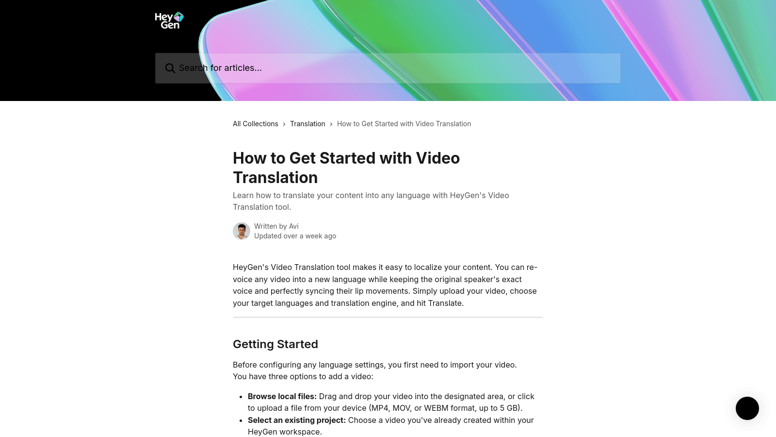 HeyGen help center article titled How to Get Started with Video Translation with instructional text and steps.