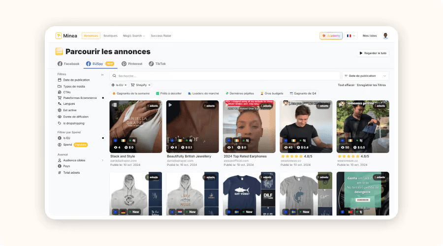 Capture d'écran de l'interface de Minea montrant la fonction 'Parcourir les annonces'. La page présente une sélection de publicités sur plusieurs plateformes comme Facebook, TikTok et Instagram. Des filtres permettent de trier les annonces par type, date de publication, engagements, et autres critères comme les produits gagnants et les leaders du marché.