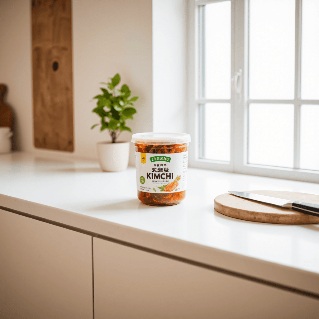 product photography of plastic container of kimchi