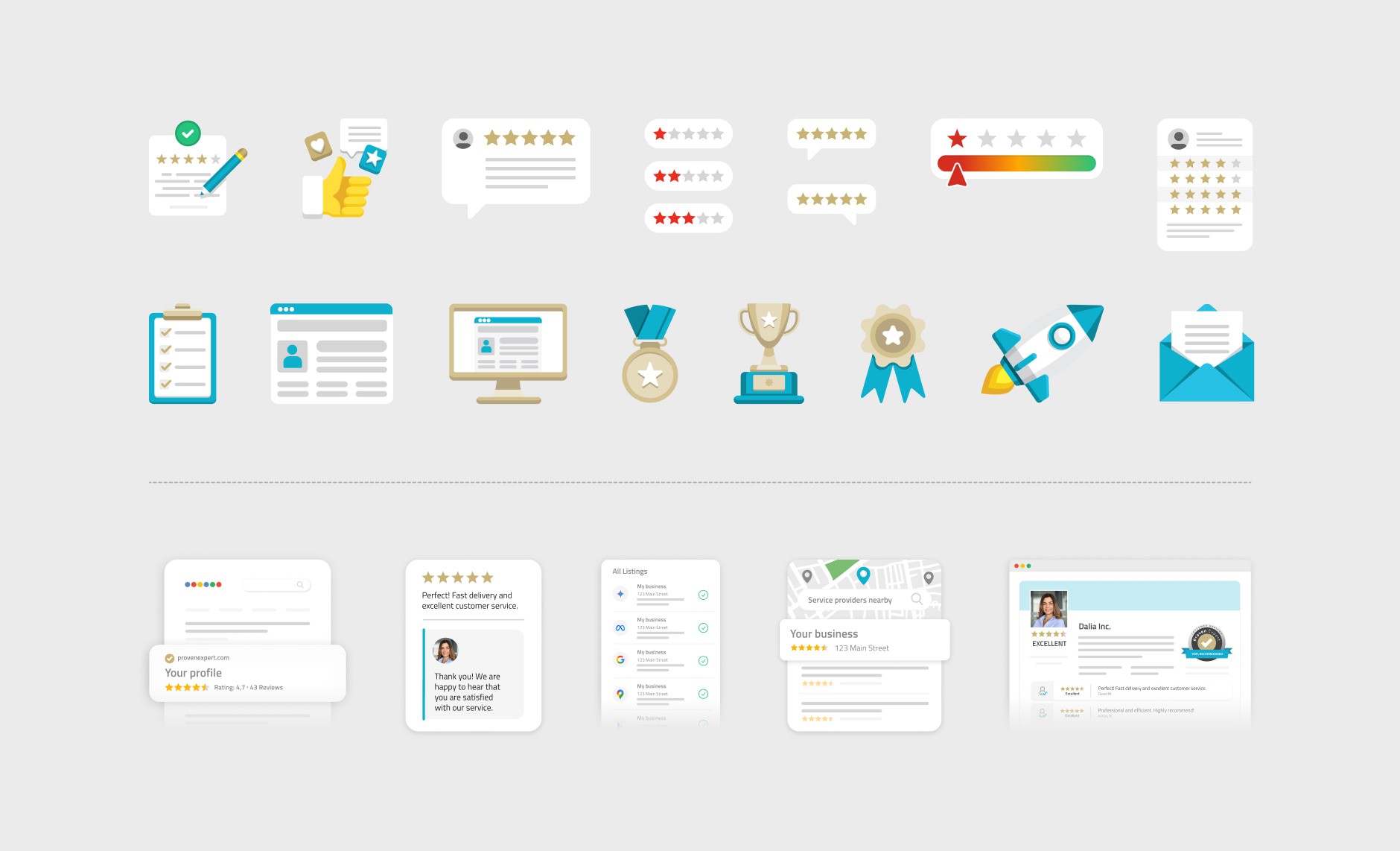 Illustration set: review cards at 1-, 2- and 5-star ratings, a thumbs-up icon, clipboard, browser window, monitor, medal, trophy, award ribbon, rocket, envelope — and UI mockups of a Google result, a review card, All Listings, Google My Business, and the ProvenExpert profile.