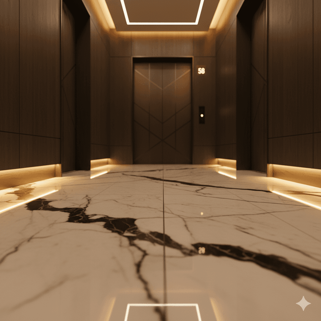 M3M S65 private residence elevator lobby marble floor.