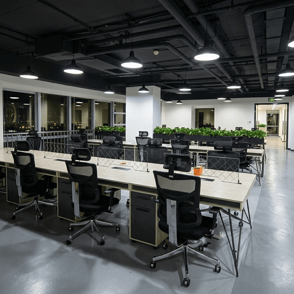 Modern open-plan office featuring ergonomic A9 model office chairs at light wood workstations with industrial black exposed-pipe ceilings.