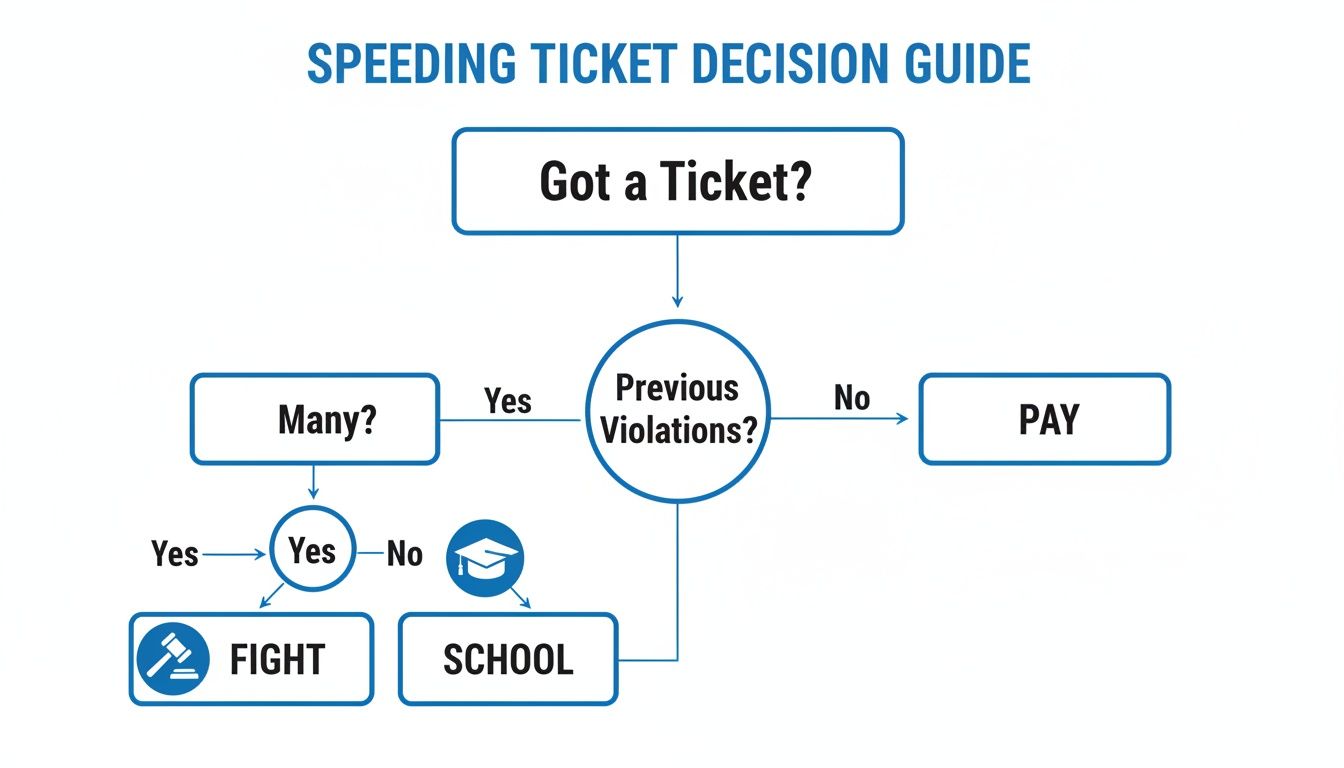 A flowchart titled 'Speeding Ticket Decision Guide' illustrating options based on previous violations.